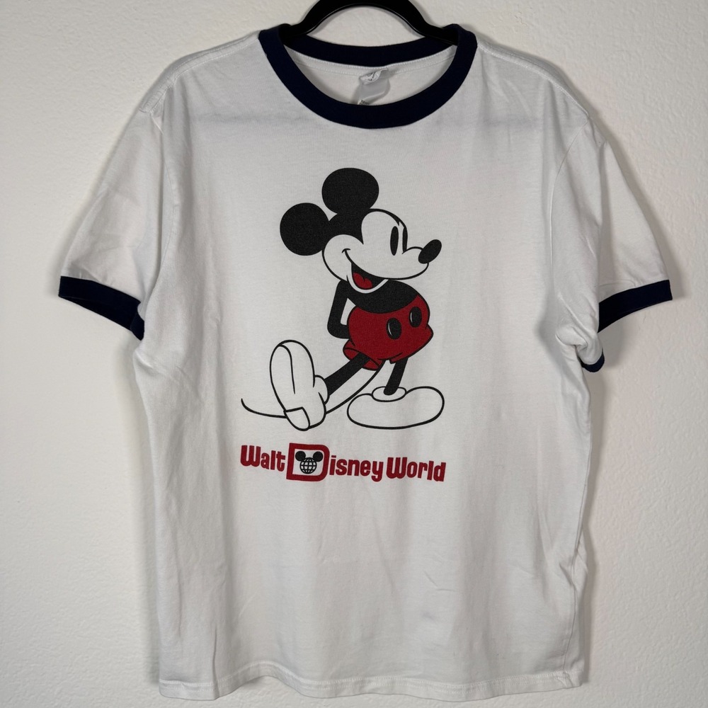 DISNEY PARKS Mickey Mouse Ringer T Shirt White Navy Blue Graphic Tee Size L